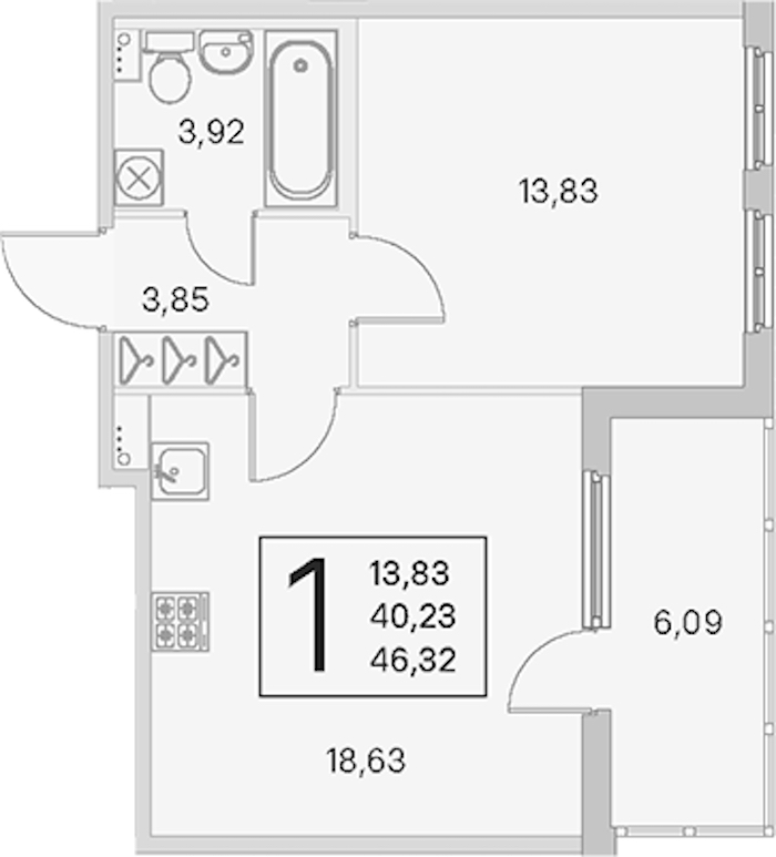 1-комнатная квартира 40.23 м², 1/4 эт., ЖК «Любоград в Стрельне»